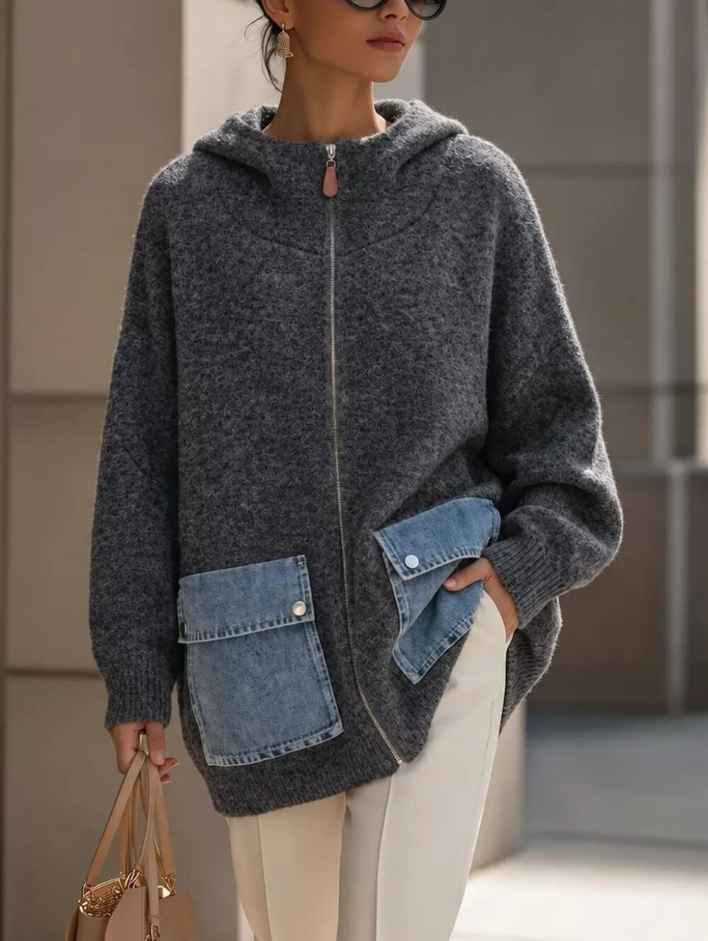 Contrast Denim Pockets Hooded Cardigan